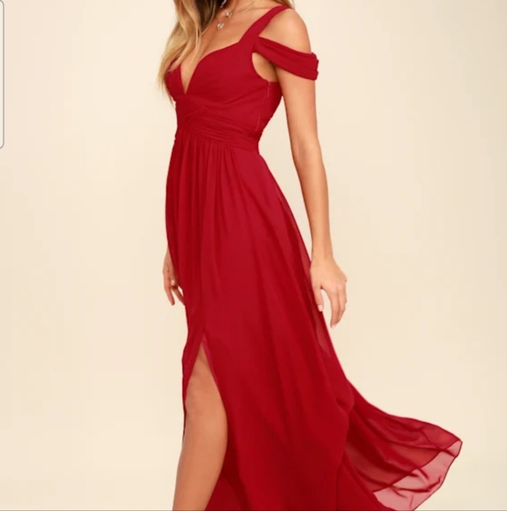 Lulu's Red Off-Shoulder Maxi Dress with Side Slit